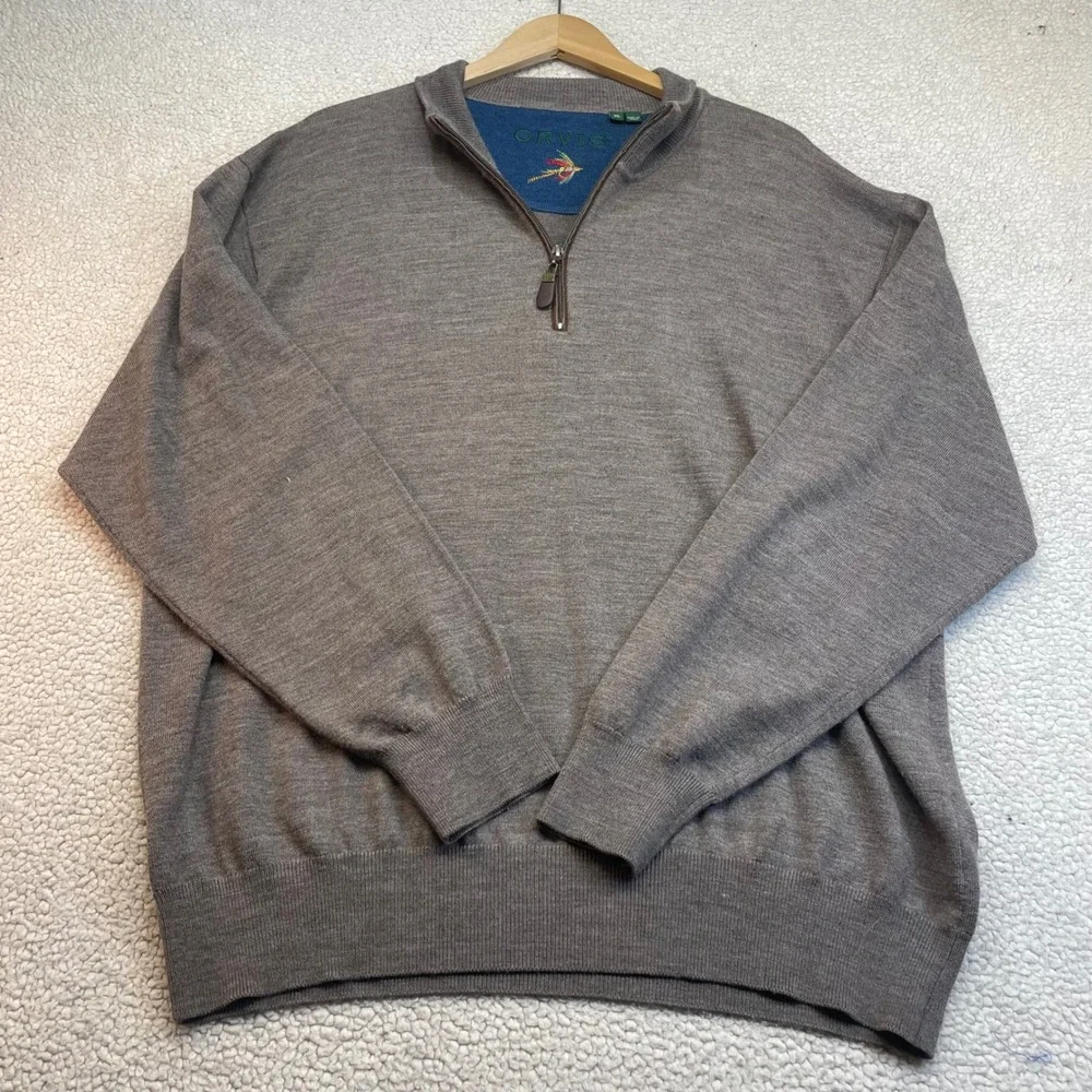 Orvis Sweater Mens XL Brown 100% Merino Wool Quarter Zip Pullover 9G6T 691690